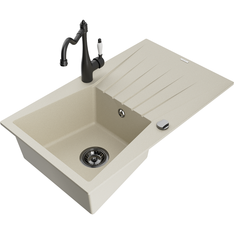 Mexen Cesar chiuvetă de granit cu 1 compartiment, cu scurgător și baterie de bucătărie Carla, bej - 6514-69-670700-70