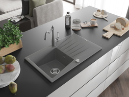 Mexen Cesar egykamrás gránit mosogató csepegtetővel és Carla konyhai csappal, szürke - 6514-71-670700-71