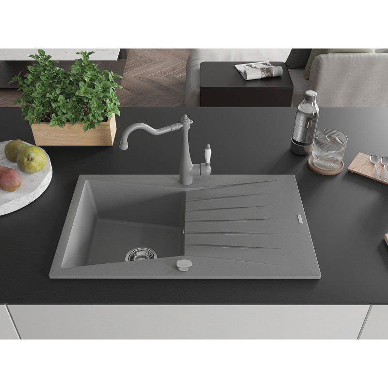Mexen Cesar egytálcás gránit mosogató csepegtetővel és Carla konyhai csapteleppel, szürke - 6514-71-670700-71