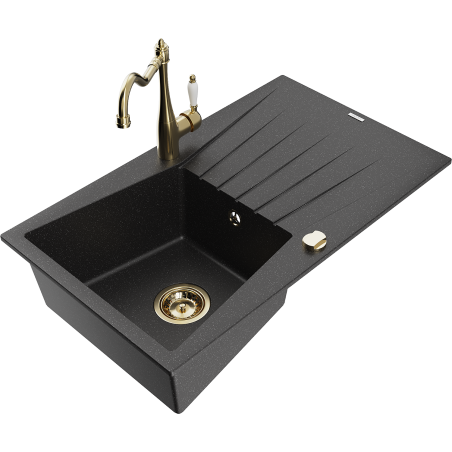 Mexen Cesar chiuvetă de bucătărie granit cu 1 compartiment cu scurgător și robinet bucătărie Carla, negru/argintiu