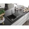 Mexen Cesar chiuvetă de granit 1-cameră cu picurător și baterie de bucătărie Carla, negru/auriu metalic - 6514-75-670700-00