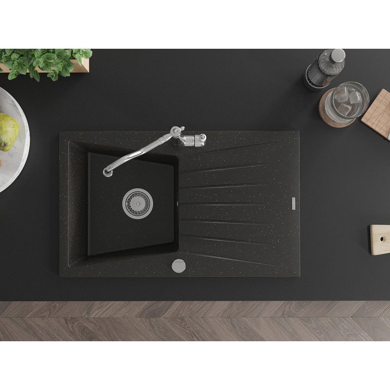 Mexen Cesar chiuvetă din granit cu 1 compartiment cu picurător și baterie de bucătărie Carla, negru/auriu metalic
