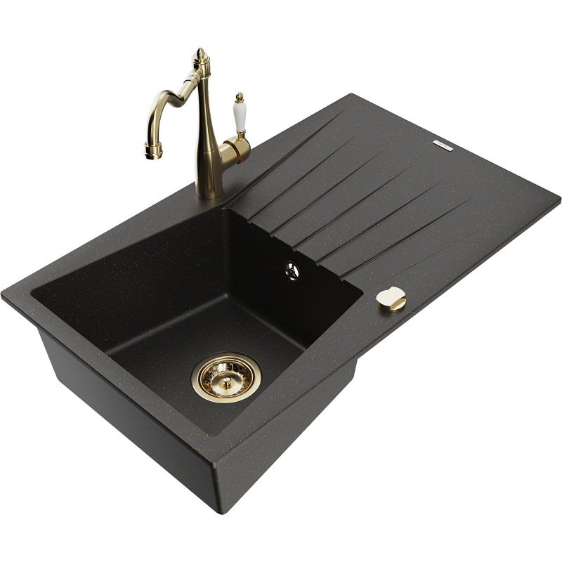Mexen Cesar chiuvetă de granit cu 1 cameră, cu scurgător și baterie de bucătărie Carla, negru/auriu metalic - 6514-75-670700-50