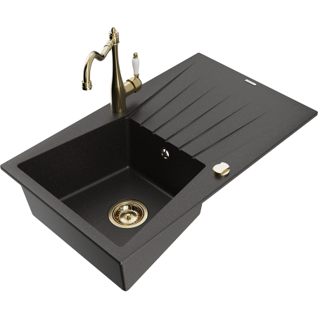 Mexen Cesar chiuvetă de granit cu 1 compartiment cu scurgător și baterie de bucătărie Carla, negru/auriu metalizat