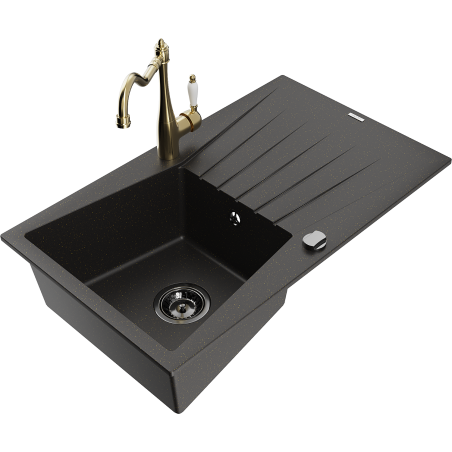 Mexen Cesar chiuvetă din granit cu o cuvă și scurgător și baterie de bucătărie Carla, negru/auriu metalic