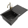 Mexen Cesar chiuvetă din granit cu o cuvă și scurgător și baterie de bucătărie Carla, negru/auriu metalic