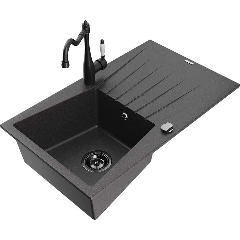 Mexen Cesar chiuvetă de granit cu 1 compartiment, scurgător și baterie de bucătărie Carla, negru stropit
