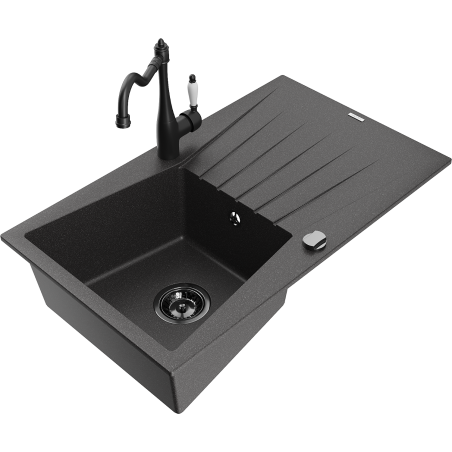 Mexen Cesar chiuvetă de granit cu 1 compartiment, scurgător și baterie de bucătărie Carla, negru stropit