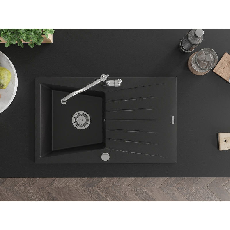 Mexen Cesar chiuvetă de granit cu 1 compartiment cu scurgător și baterie de bucătărie Carla, negru - 6514-77-670700-00