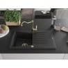Mexen Cesar chiuvetă de granit cu un compartiment, cu picurător și baterie de bucătărie Carla, Neagră - 6514-77-670700-50
