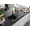 Mexen Cesar chiuvetă de granit cu un compartiment, cu picurător și baterie de bucătărie Carla, Neagră - 6514-77-670700-50