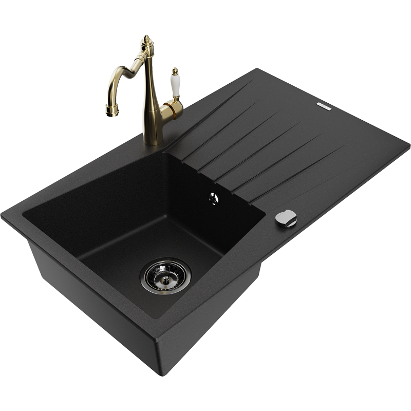 Mexen Cesar egymedencés gránit mosogató csepegtetővel és Carla konyhai csapteleppel, fekete - 6514-77-670700-50-B