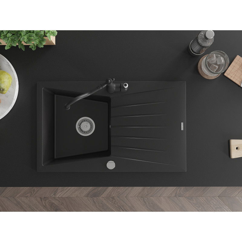 Mexen Cesar 1-medencés gránit mosogató lefolyóval és Carla konyhai csappal, fekete - 6514-77-670700-70