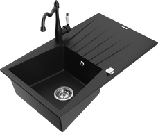 Mexen Cesar 1-medencés gránit mosogató lefolyóval és Carla konyhai csappal, fekete - 6514-77-670700-70