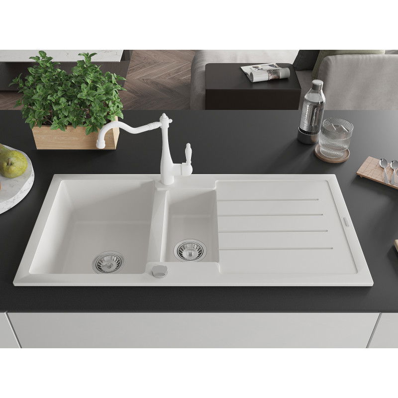 Mexen Andres chiuvetă granit 1,5-cupe cu scurgător și baterie bucătărie Carla, alb - 6515-20-670700-20