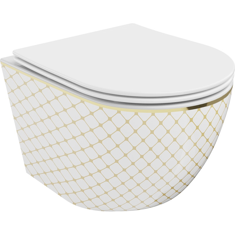 Mexen Lena Rimless WC csésze lassan záródó slim ülőkével, duroplast, fehér/arany kockás minta - 30224009