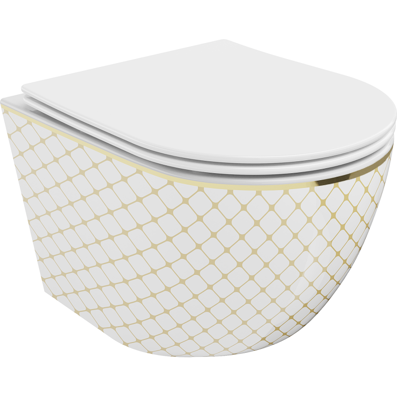 Mexen Lena toaletă WC fără margini cu capac slim cu închidere lentă, duroplast, albă/auriu model grilă - 30224009