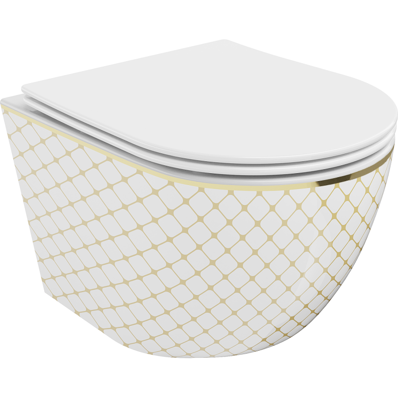 Mexen Lena vas de toaletă fără margini cu capac soft-close slim, duroplast, alb/auriu model carouri - 30224009