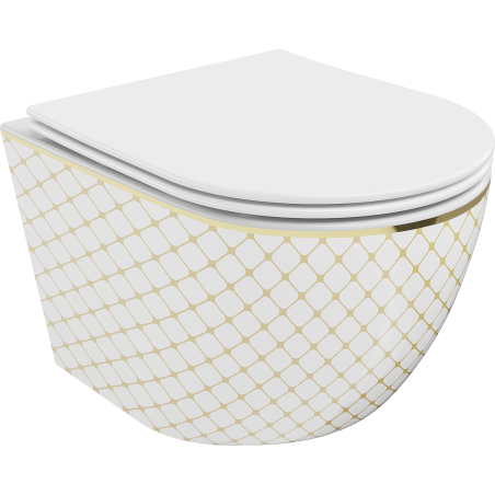 Mexen Lena toaletă WC fără margini cu capac slim cu închidere lentă, duroplast, albă/auriu model grilă - 30224009