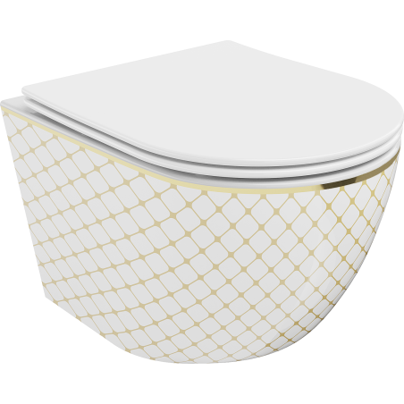 Mexen Lena vas de toaletă Rimless cu capac slim cu închidere lentă, duroplast, Albă/aurie model tip carouri - 30224009