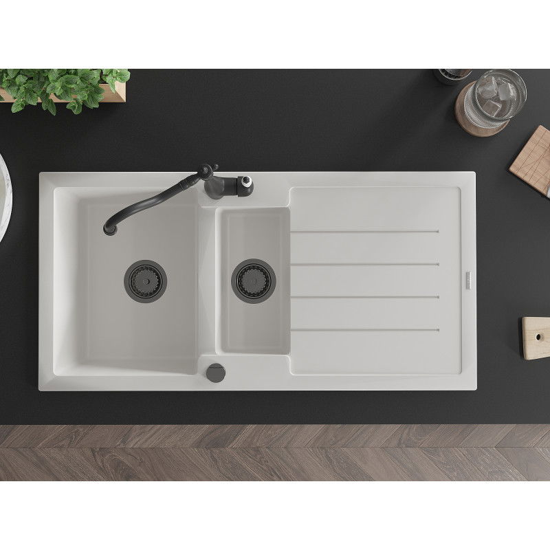 Mexen Andres öntött gránit mosogató 1,5-medencés csepegtetővel és Carla konyhai csapteleppel, fehér - 6515-20-670700-70