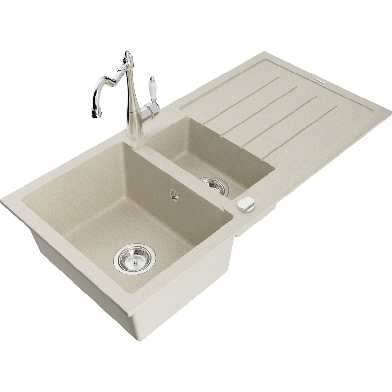 Mexen Andres chiuvetă de granit 1,5 camere cu scurgător și baterie de bucătărie Carla, bej - 6515-69-670700-00