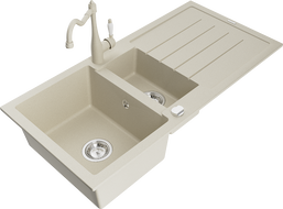 Mexen Andres gránit mosogatótálca, 1,5 rekeszes csepegtetővel és Carla konyhai csappal, bézs - 6515-69-670700-69