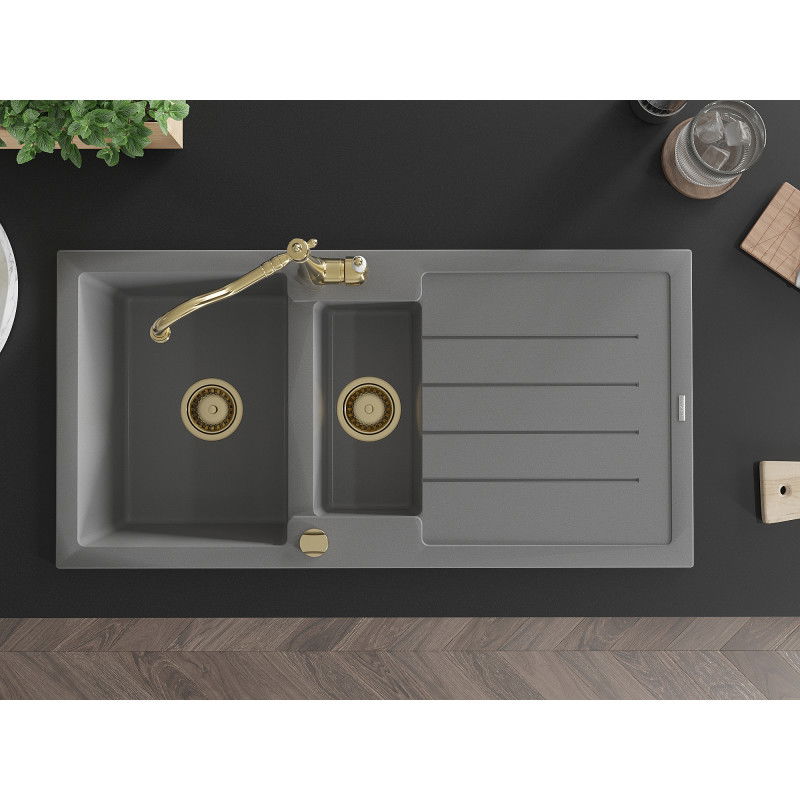 Mexen Andres chiuvetă granitică 1,5 camere cu scurgător și baterie de bucătărie Carla, gri - 6515-71-670700-50