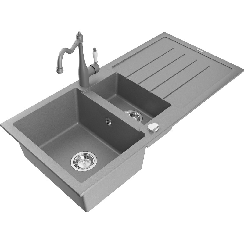 Mexen Andres chiuvetă din granit cu 1,5 cuve cu scurgător și baterie de bucătărie Carla, gri - 6515-71-670700-71