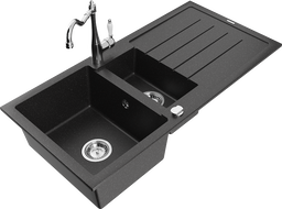 Mexen Andres chiuvetă de granit cu 1,5 cuve cu picurător și baterie de bucătărie Carla, negru/argintiu - 6515-73-670700-00