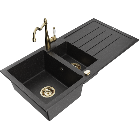 Mexen Andres chiuvetă de granit cu 1,5 camere cu scurgător și baterie de bucătărie Carla, negru/argintiu - 6515-73-670700-50