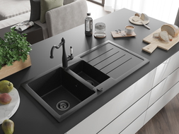 Mexen Andres chiuvetă granit 1,5 camere cu picurător și baterie de bucătărie Carla, negru/argintiu - 6515-73-670700-70-B
