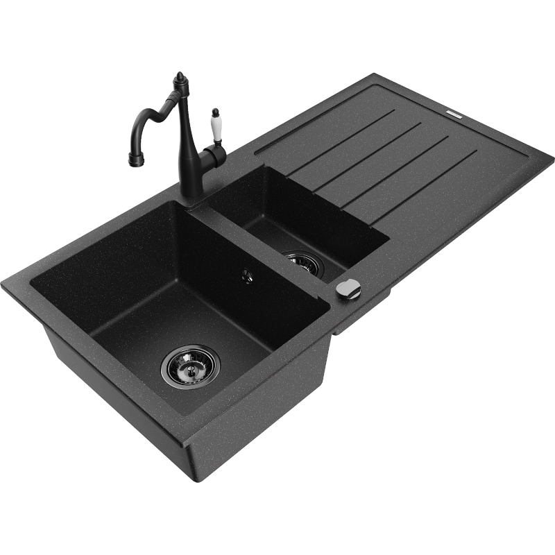 Mexen Andres chiuvetă de granit cu 1,5 cuve cu scurgător și baterie de bucătărie Carla, negru/argintiu