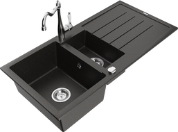 Mexen Andres chiuvetă de bucătărie din granit cu 1,5 cuve și scurgător, cu baterie de bucătărie Carla, negru/auriu