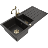 Mexen Andres chiuvetă de granit cu 1,5 compartimente, cu drenaj și baterie de bucătărie Carla, negru/auriu metalizat