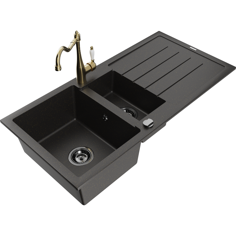Chiuvetă granit Mexen Andres 1,5-cu o picurare și robinet de bucătărie Carla, negru/auriu - 6515-75-670700-50-B