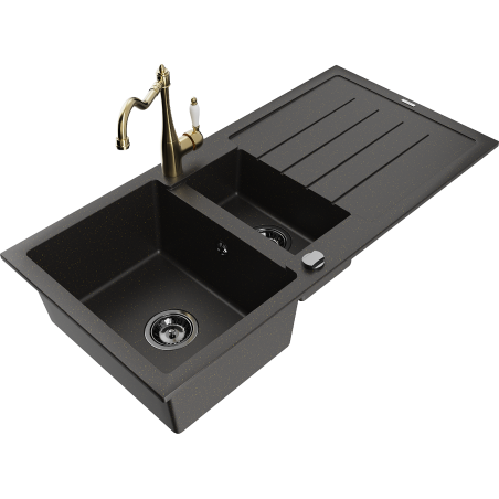 Chiuvetă granit Mexen Andres 1,5-cu o picurare și robinet de bucătărie Carla, negru/auriu - 6515-75-670700-50-B