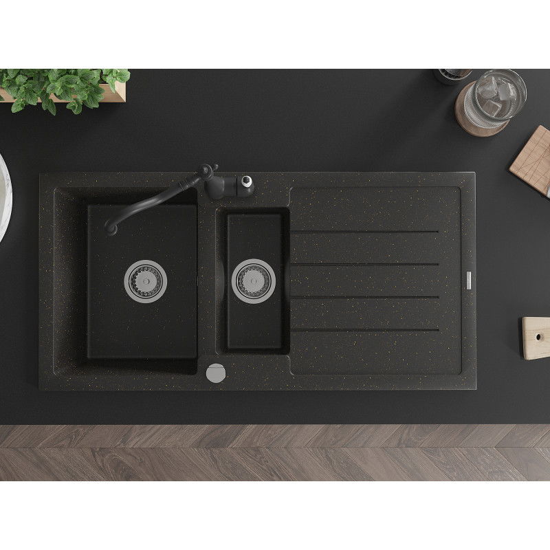 Mexen Andres chiuvetă granit 1,5-camere cu scurgător și baterie de bucătărie Carla, negru/auriu - 6515-75-670700-70