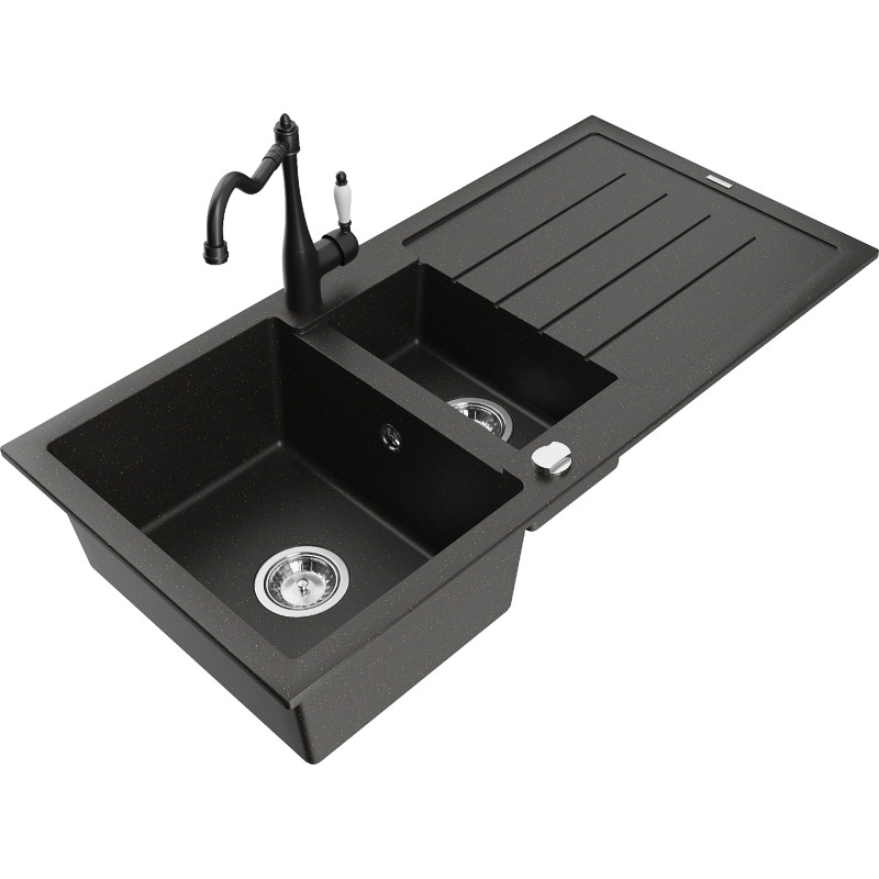 Mexen Andres chiuvetă de granit 1,5 camere cu scurgător și baterie bucătărie Carla, negru/auriu - 6515-75-670700-70