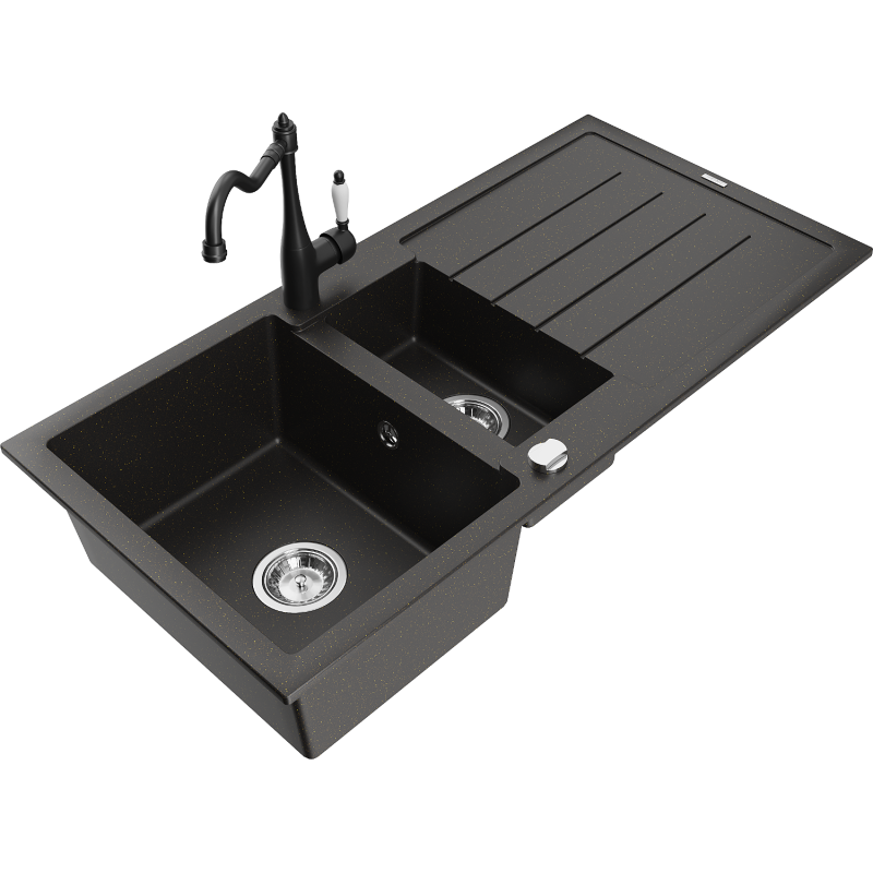 Mexen Andres chiuvetă granit 1,5-camere cu scurgător și baterie de bucătărie Carla, negru/auriu - 6515-75-670700-70