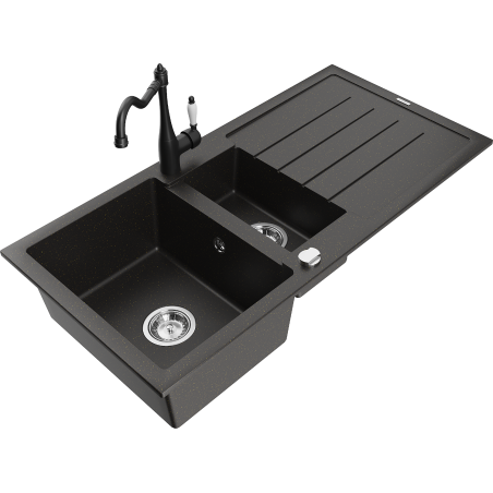 Mexen Andres chiuvetă de granit 1,5 camere cu scurgător și baterie bucătărie Carla, negru/auriu - 6515-75-670700-70
