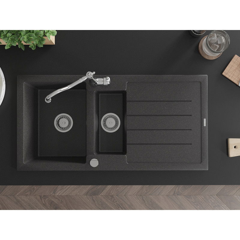 Mexen Andres 1,5-medencés gránit mosogató csepegtetővel és Carla konyhai csappal, fekete pöttyös - 6515-76-670700-00