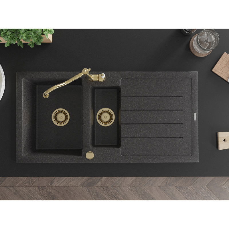 Mexen Andres chiuvetă granit 1,5-camere cu scurgător și baterie de bucătărie Carla, negru pătat - 6515-76-670700-50