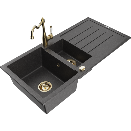 Mexen Andres chiuvetă granit 1,5-camere cu scurgător și baterie de bucătărie Carla, negru pătat - 6515-76-670700-50