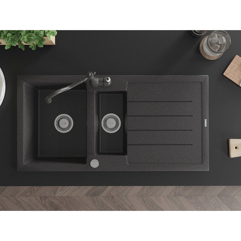 Mexen Andres chiuvetă de granit cu 1,5 compartimente, cu picurător și baterie de bucătărie Carla, punctat negru