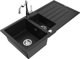 Mexen Andres gránit mosogató 1,5 medencés csepegtetővel és Carla konyhai csapteleppel, fekete - 6515-77-670700-00