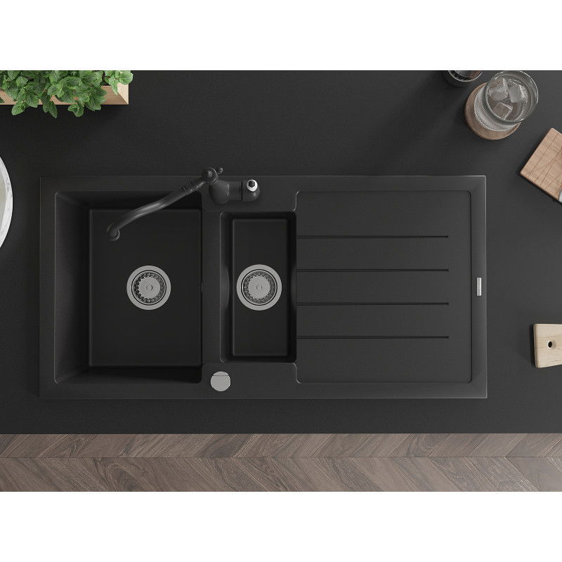 Mexen Andres gránit mosogató 1,5-medencés csepegtetővel és Carla konyhai csapteleppel, fekete - 6515-77-670700-70