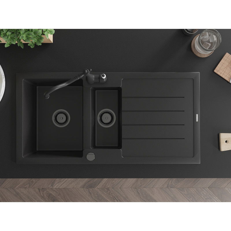 Mexen Andres gránit mosogató 1,5 rekeszes csepegtetővel és Carla konyhai csapteleppel, fekete - 6515-77-670700-70-B