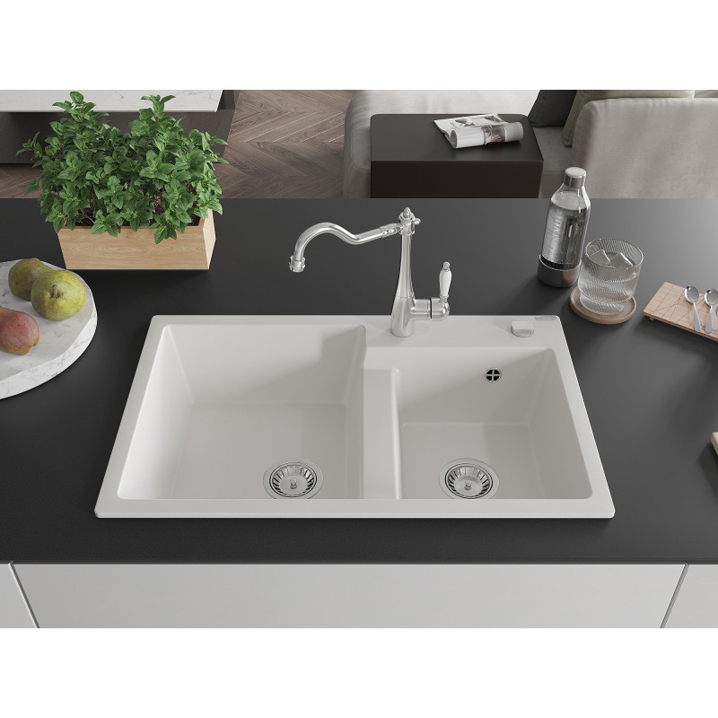 Mexen Tomas chiuvetă de granit cu 2 compartimente cu baterie de bucătărie Carla, albă - 6516-20-670700-00