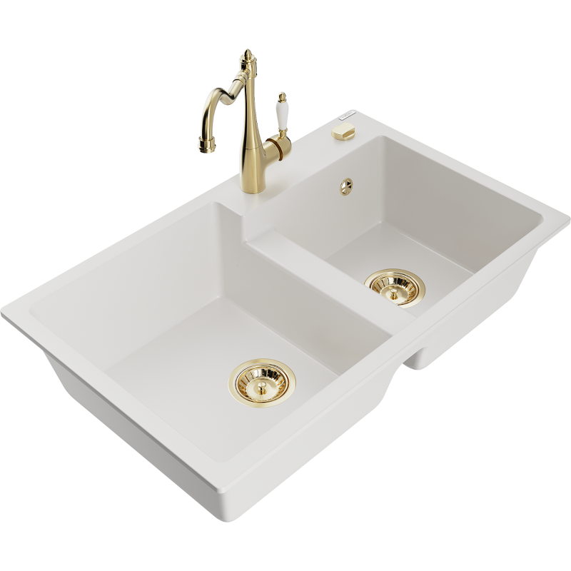 Mexen Tomas gránit konyhai mosogató 2 medencés Carla konyhai csapteleppel, fehér - 6516-20-670700-50